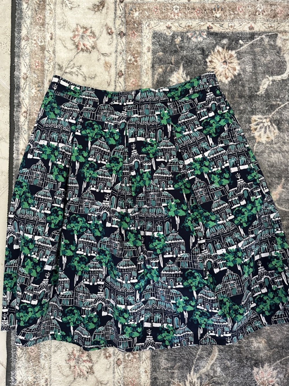 Boden Lola Navy Skirt with Green & White Architectural Print